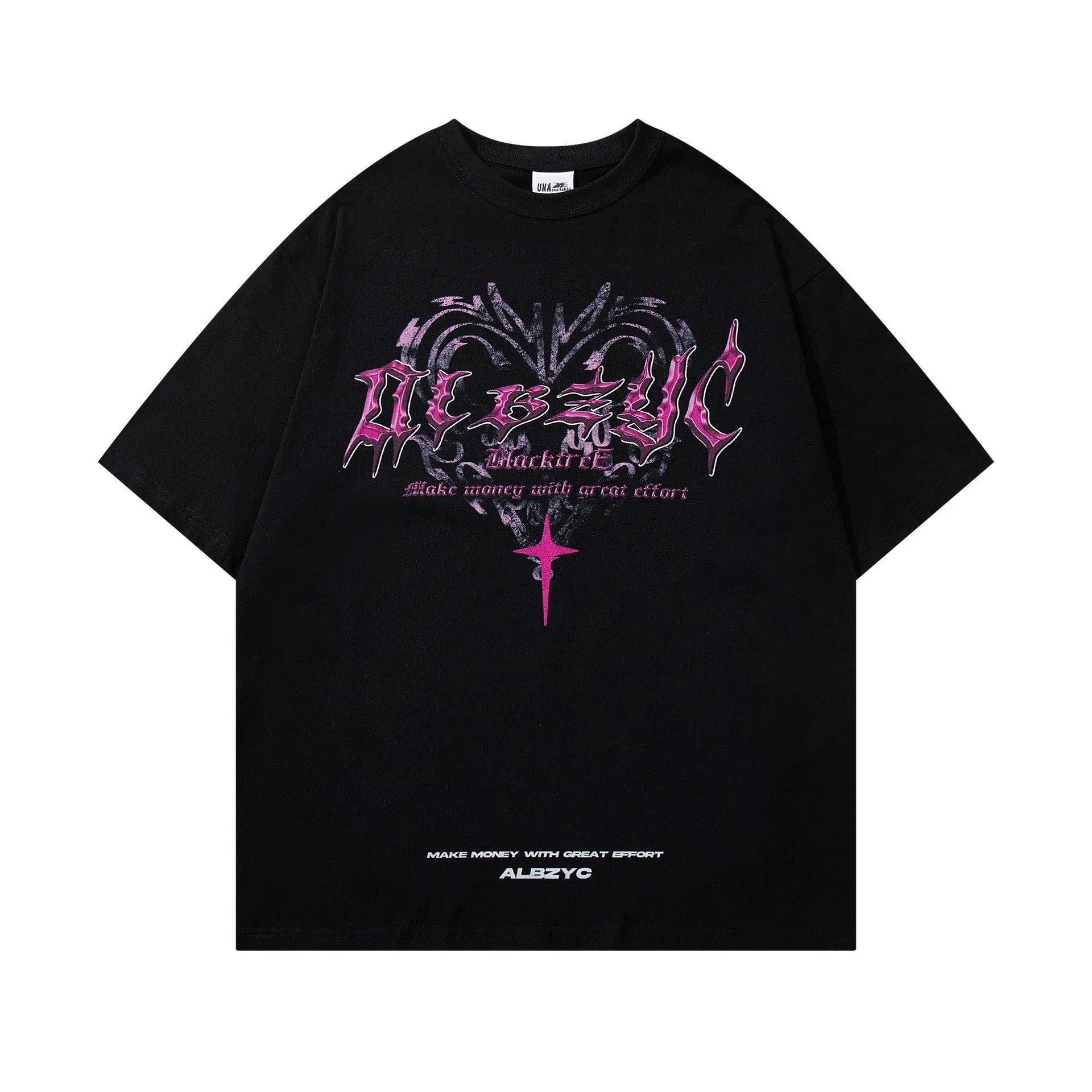 Men's black cotton t-shirt with retro printed design showing loose fit and short sleeves