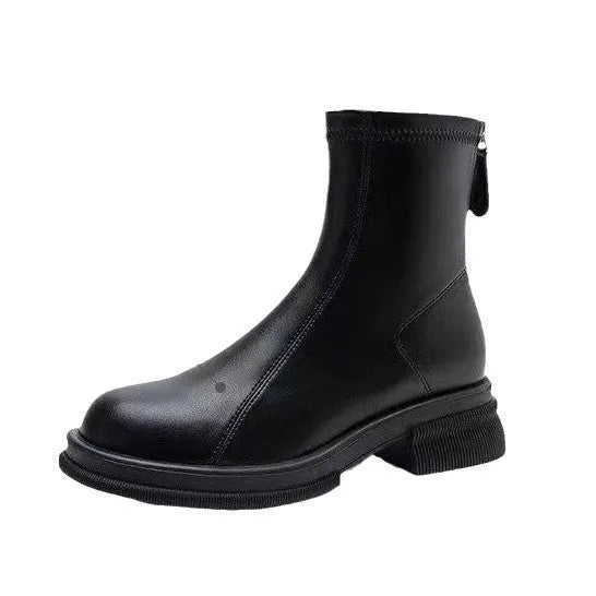 Women's black ankle boots with thick flat heel, round toe and back zipper closure