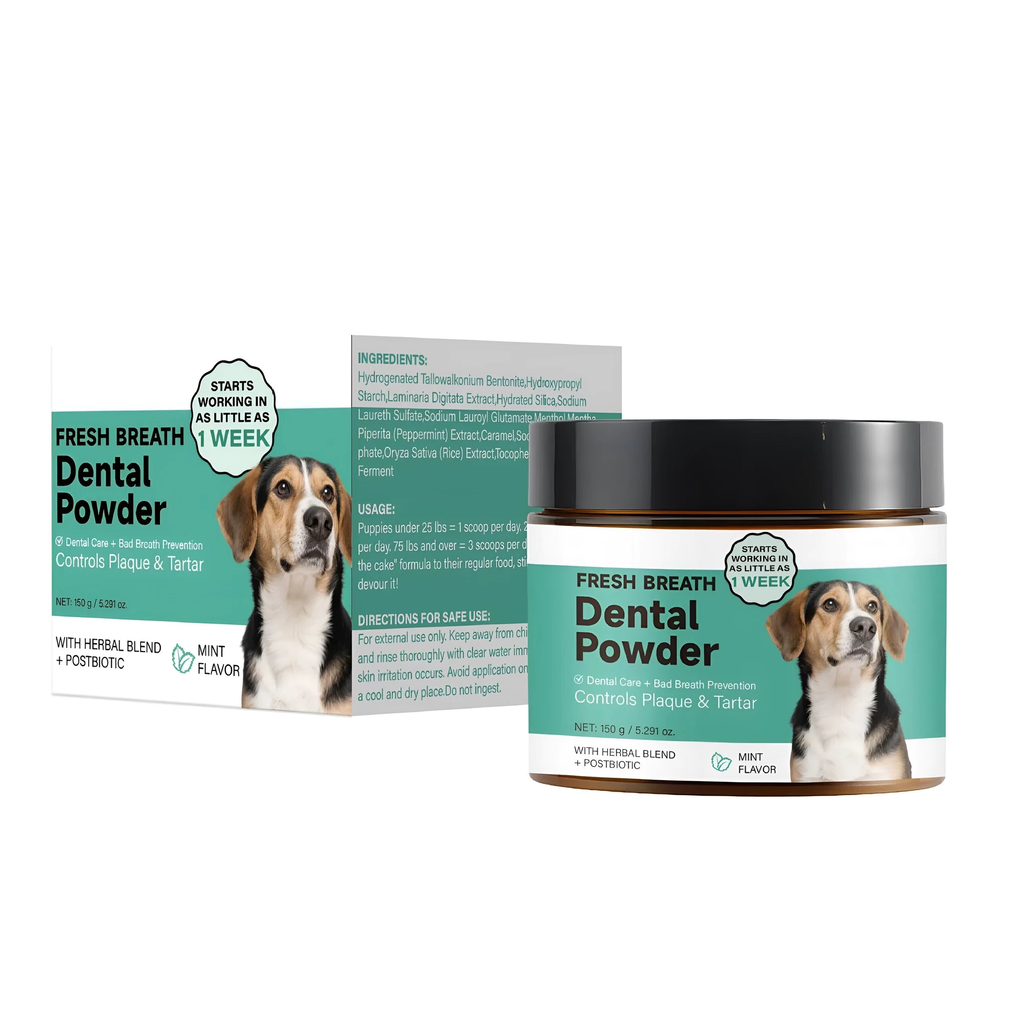 150g jar of dog teeth cleaning powder with activated charcoal for dental plaque removal