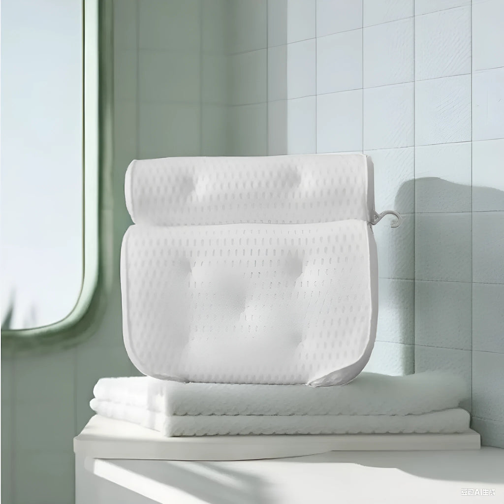 White bathtub pillow with suction cups on a 4D mesh cover.