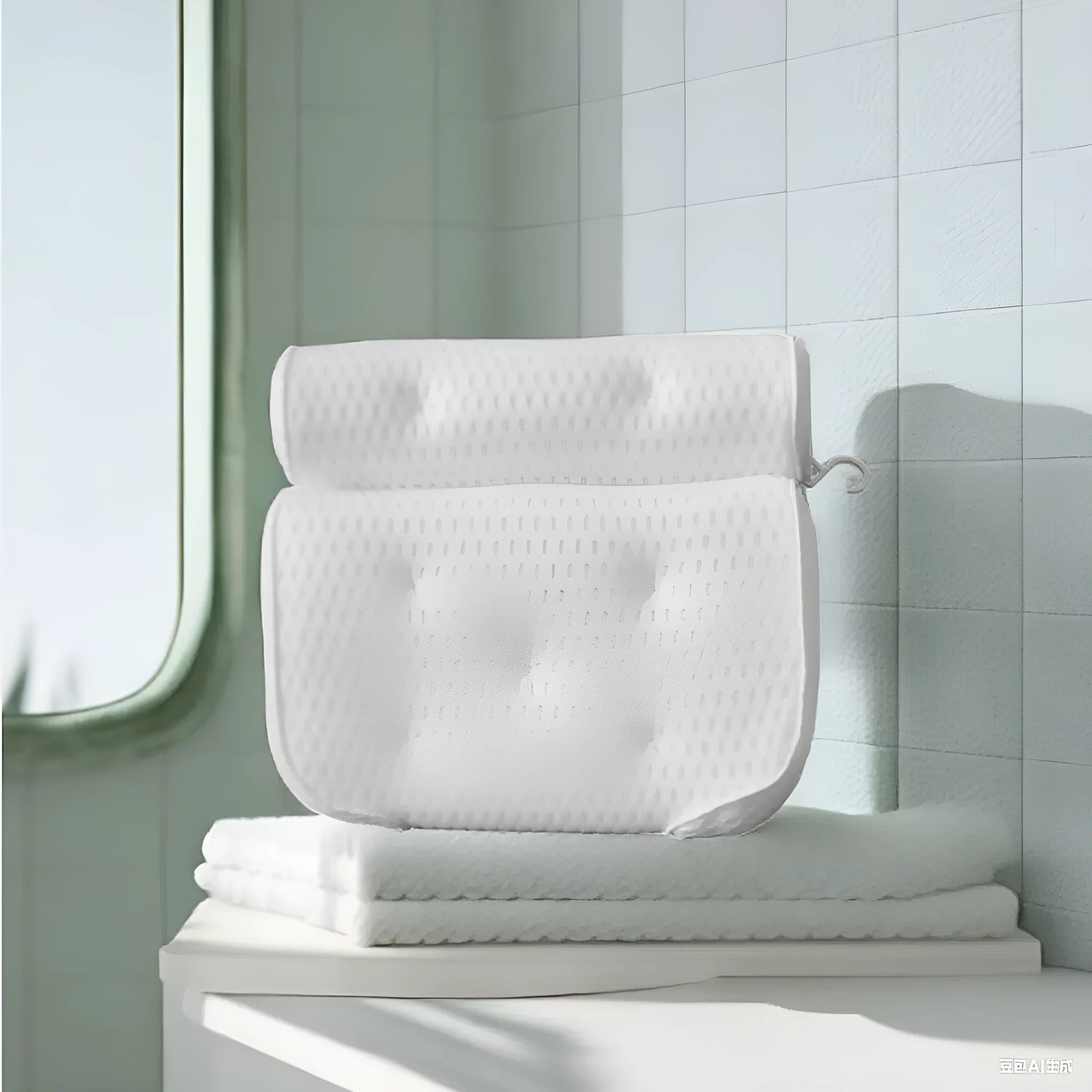 White bathtub pillow with suction cups on a 4D mesh cover.