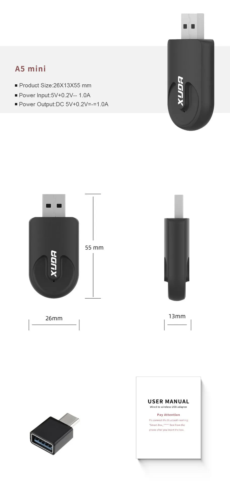 Black wireless CarPlay USB adapter with compact rectangular design