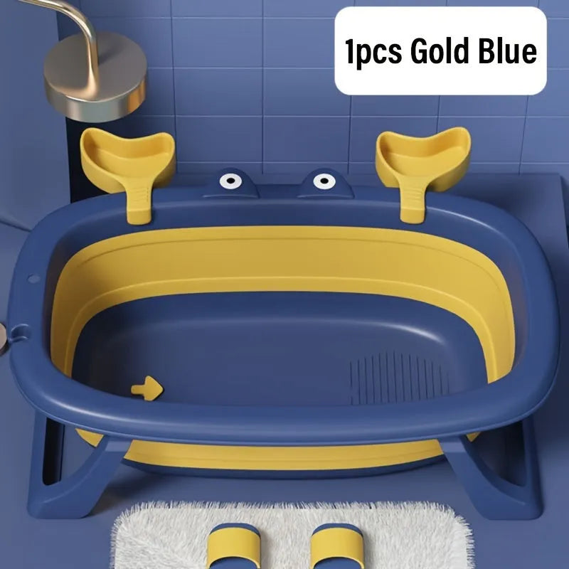 Blue foldable portable pet tub for small dogs and cats, shown with dimensions.