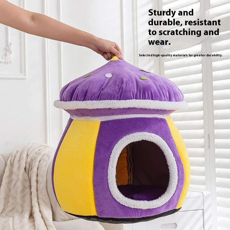 Mushroom-shaped cat bed with detachable plush blanket in grey, pink or purple colour