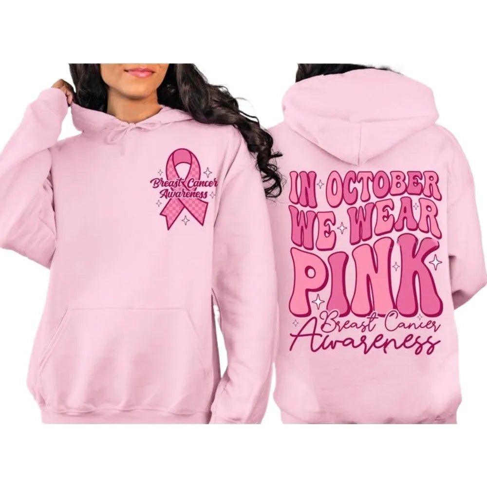 Retro print breast cancer awareness pullover hoodie with side seam pockets in pink.