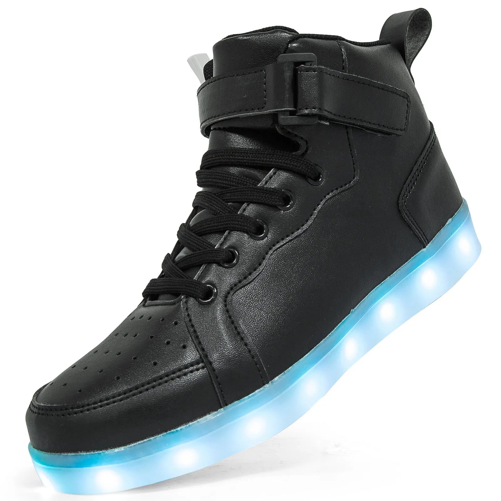 High-top LED light shoes with Velcro strap and rechargeable lights in multiple colours.