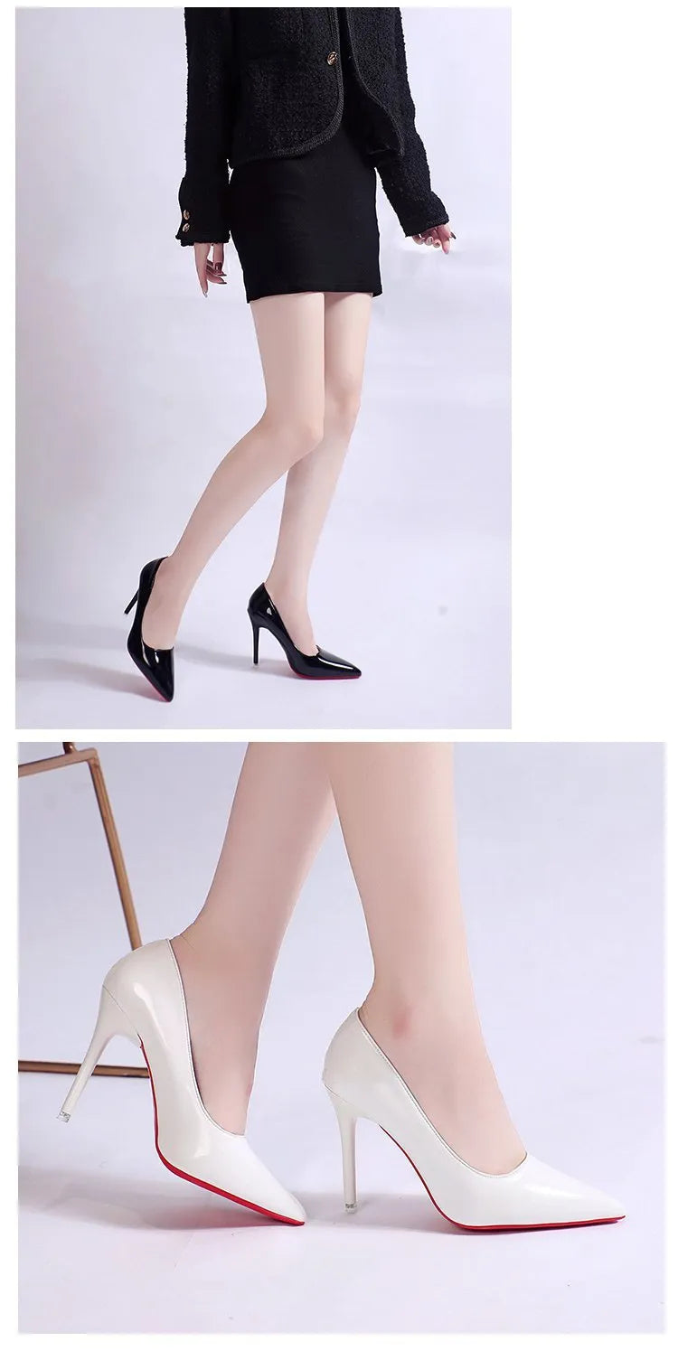 Women's solid colour stiletto heel pumps with pointed toe and shallow mouth design on a rubber sole.