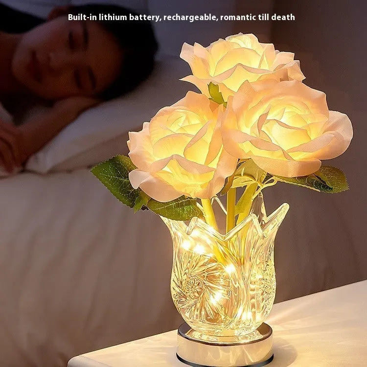 Modern crystal flowers design table lamp with touch dimmer control on wooden surface