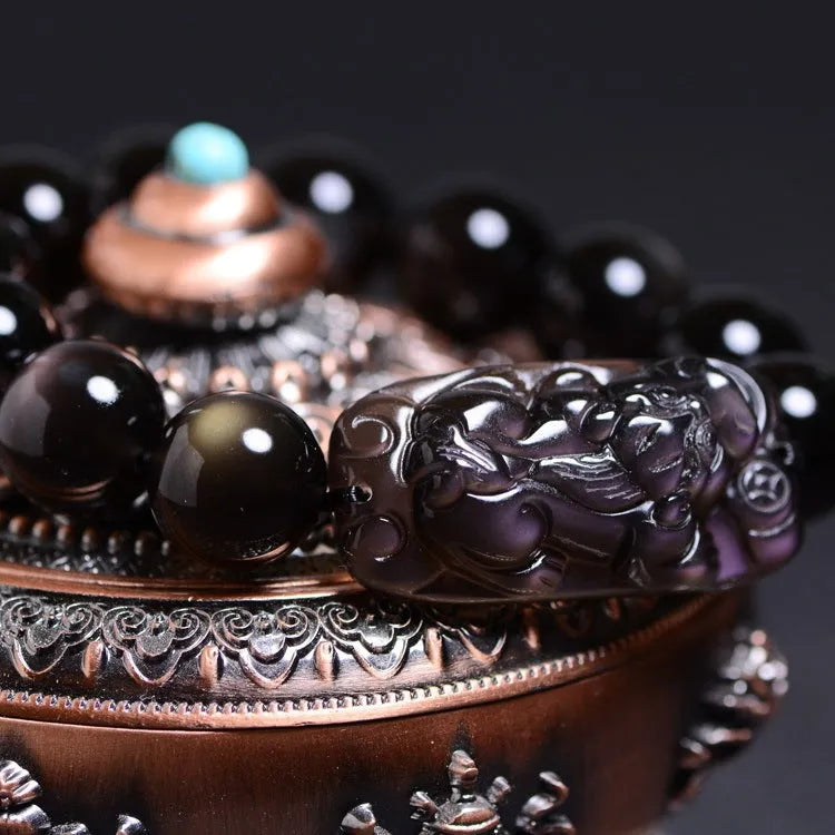 Crystal icy obsidian Pi Xiu bracelet in ethnic geometric style with ice stone beads