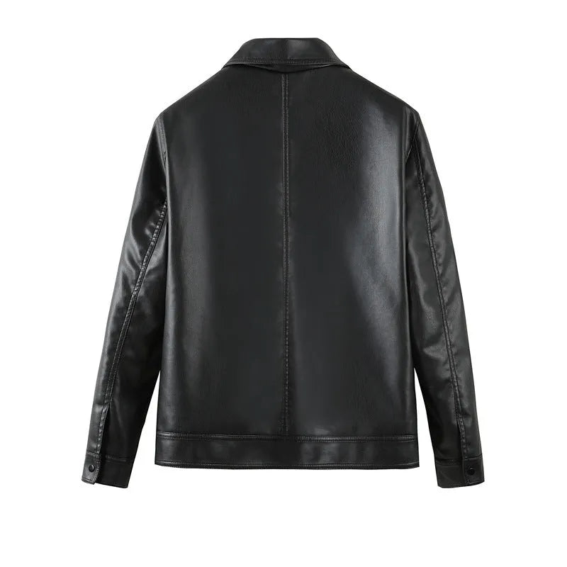 Men's solid black PU leather casual jacket with zipper pockets on a model