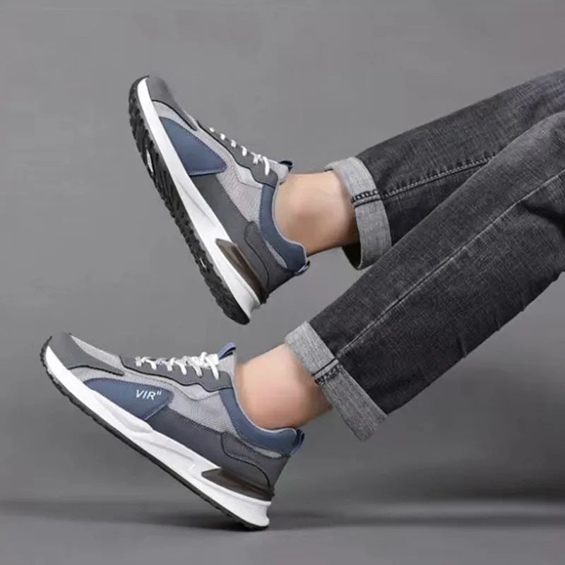 Men's colour block mesh sneakers with lace-up design and round toe in black, grey, and white options