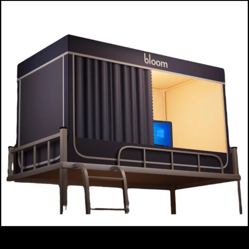 Grey blackout bed curtains with integrated mosquito net for 0.9m single bed with three-door access