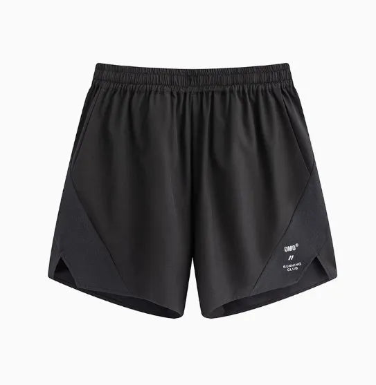 Close-up of black four-point stretch running shorts showing laser stitching detail on spandex fabric.