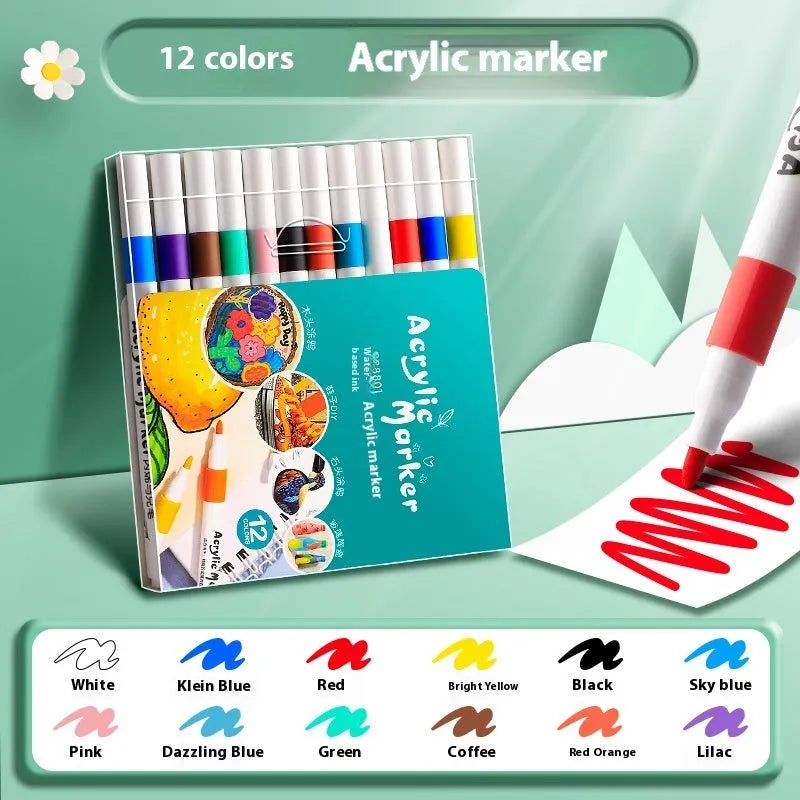 Boxed set of multicoloured True Color acrylic marker pens for students and artists.