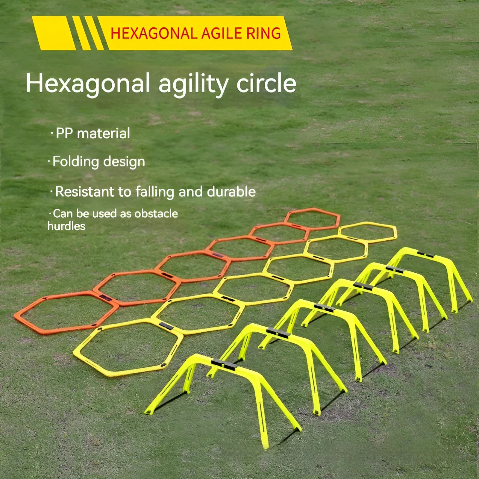 Set of six foldable yellow green and orange hexagon football agility training rings on grass