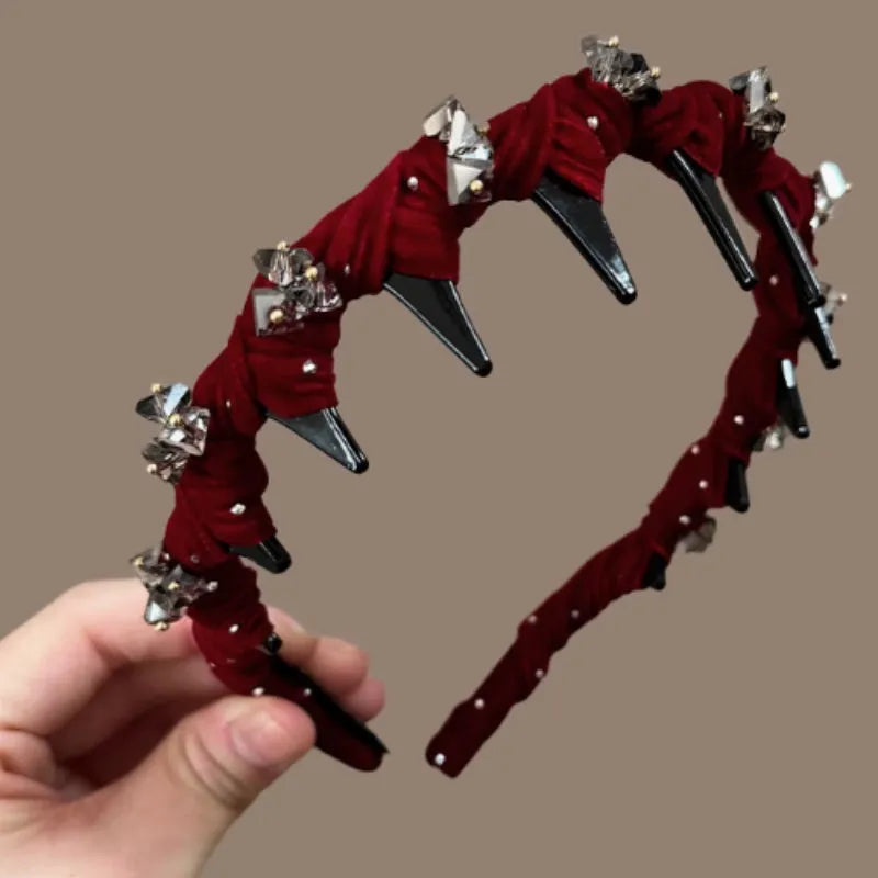 French velvet hairband with crystal decoration in wine red, black, and coffee colour options.