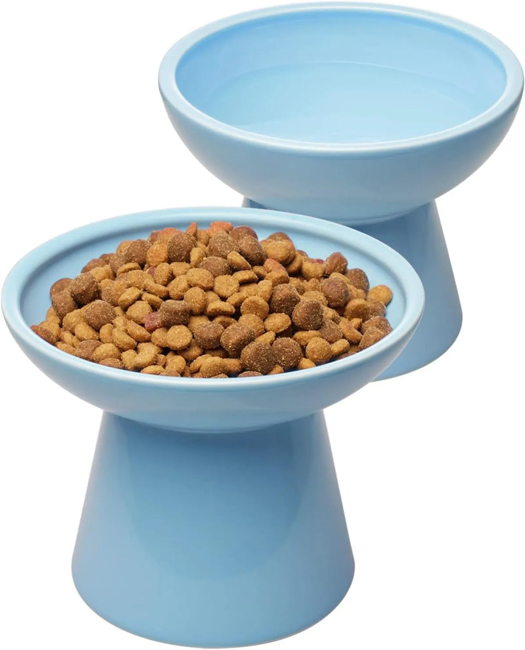 Ceramic elevated cat food bowl in blue with wide 16cm diameter and 12cm height