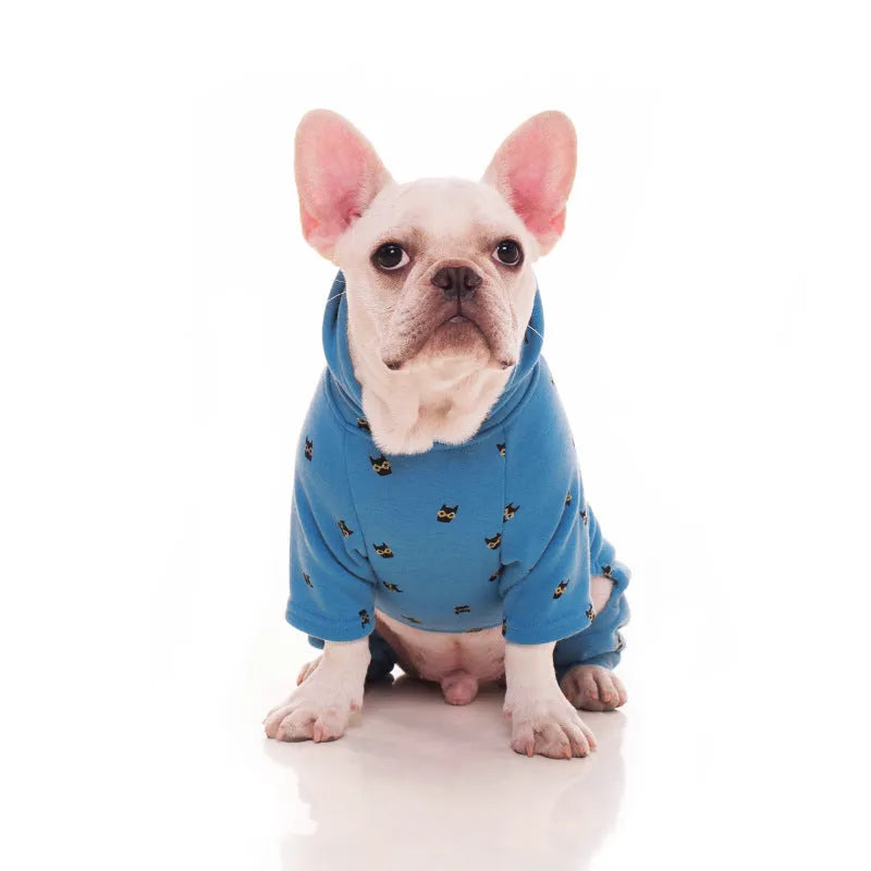 Blue velvet pet hoodie for dogs and cats, four-legged design, size XS to XXXL