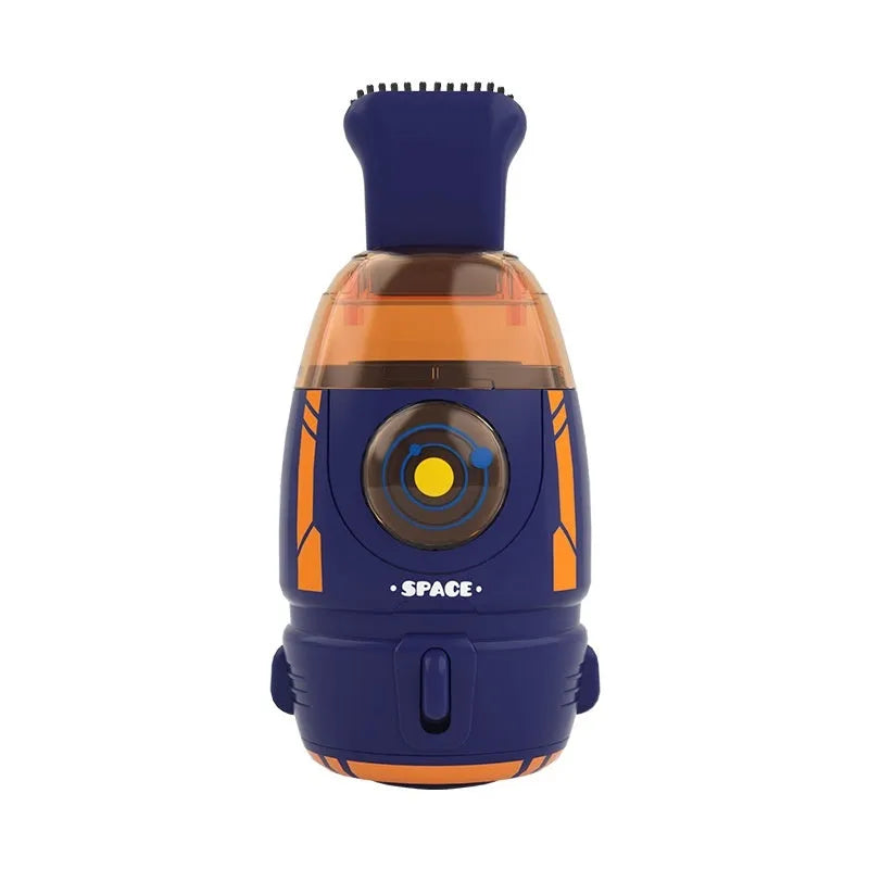 USB-powered handheld desktop vacuum cleaner in blue rocket design on a wooden desk.