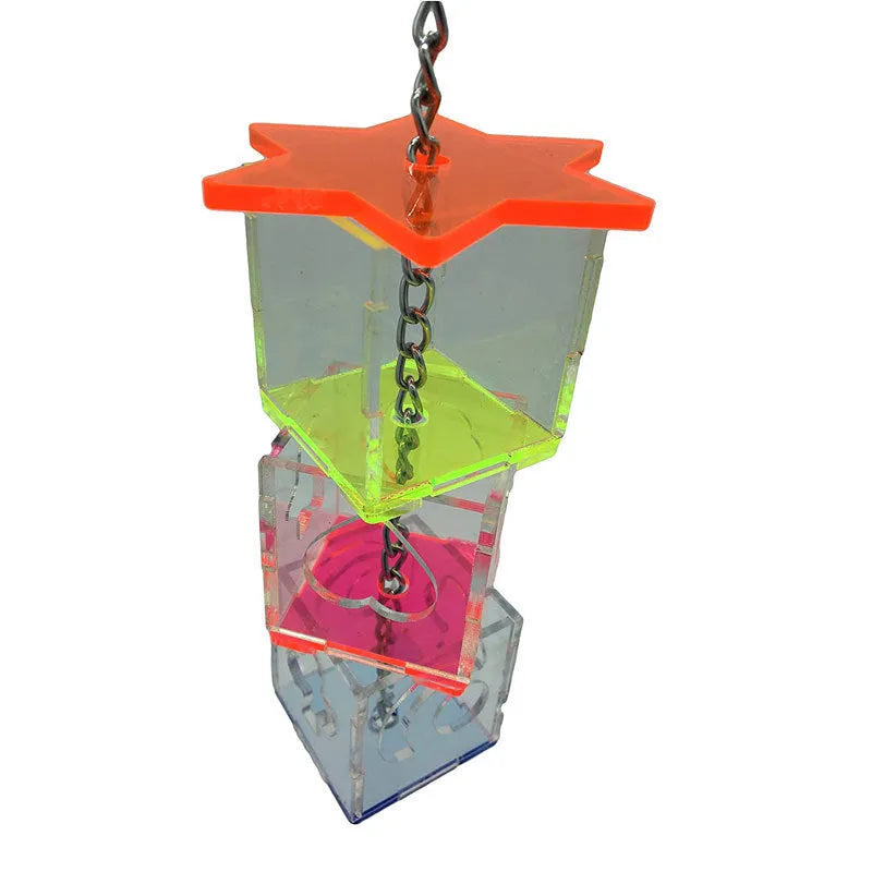 Clear acrylic parrot foraging toy measuring 32cm tall for holding bird food