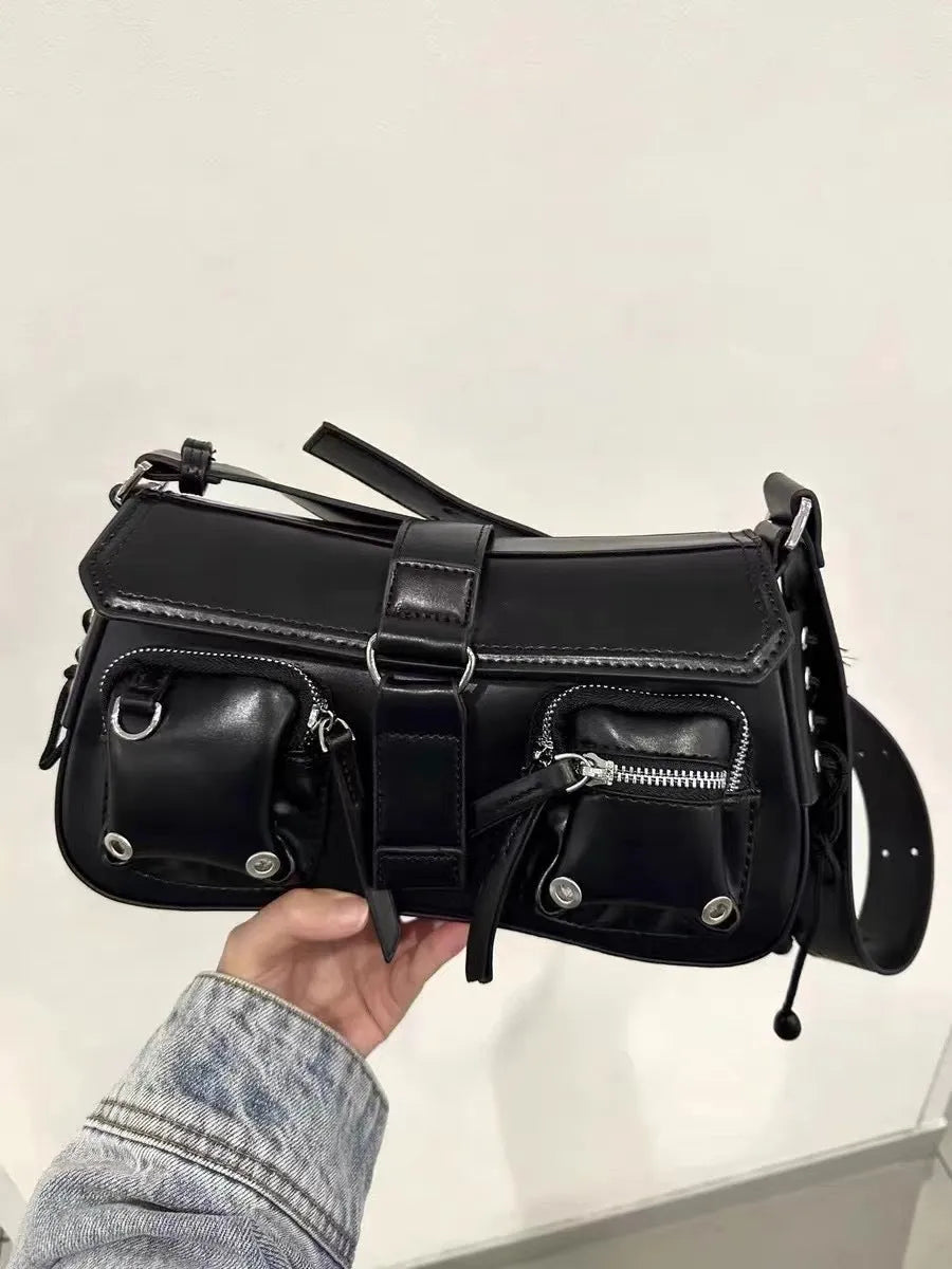 Black structured PU women's baguette messenger bag with crossbody strap.