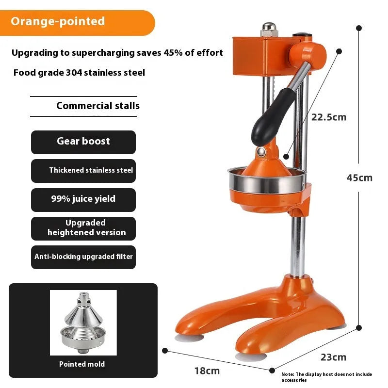 Vertical stainless steel manual citrus juicer shown in selected colour with chosen head style: pointed, flat, or double.