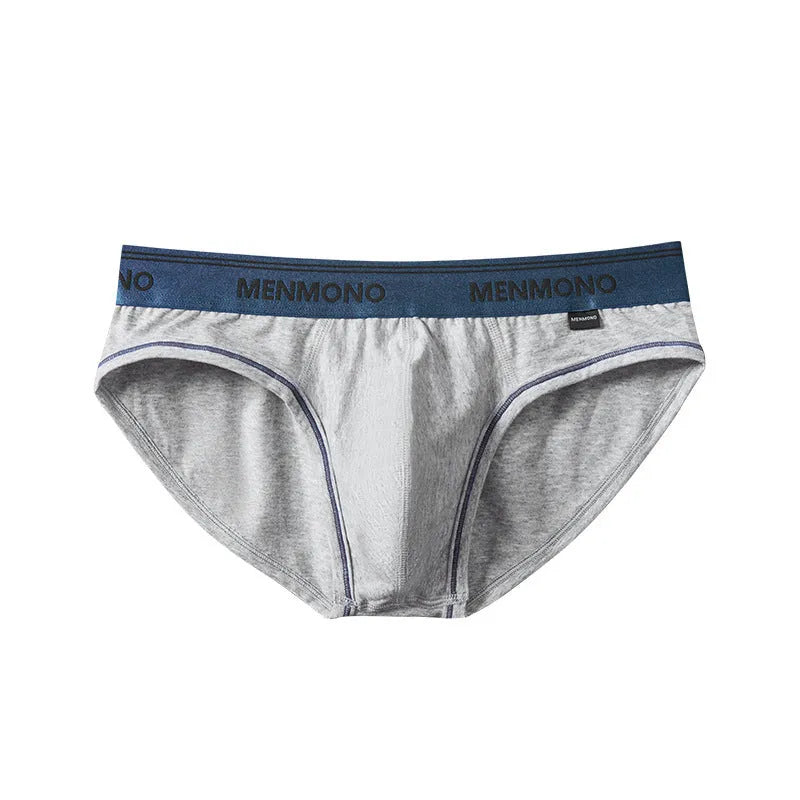 Men's low waist cotton briefs showing two-tone colour combinations including black/blue and white/red options