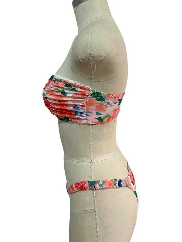 Women's floral print lace detail tube top bikini with matching shorts in blue, yellow, pink, or multi-colour.