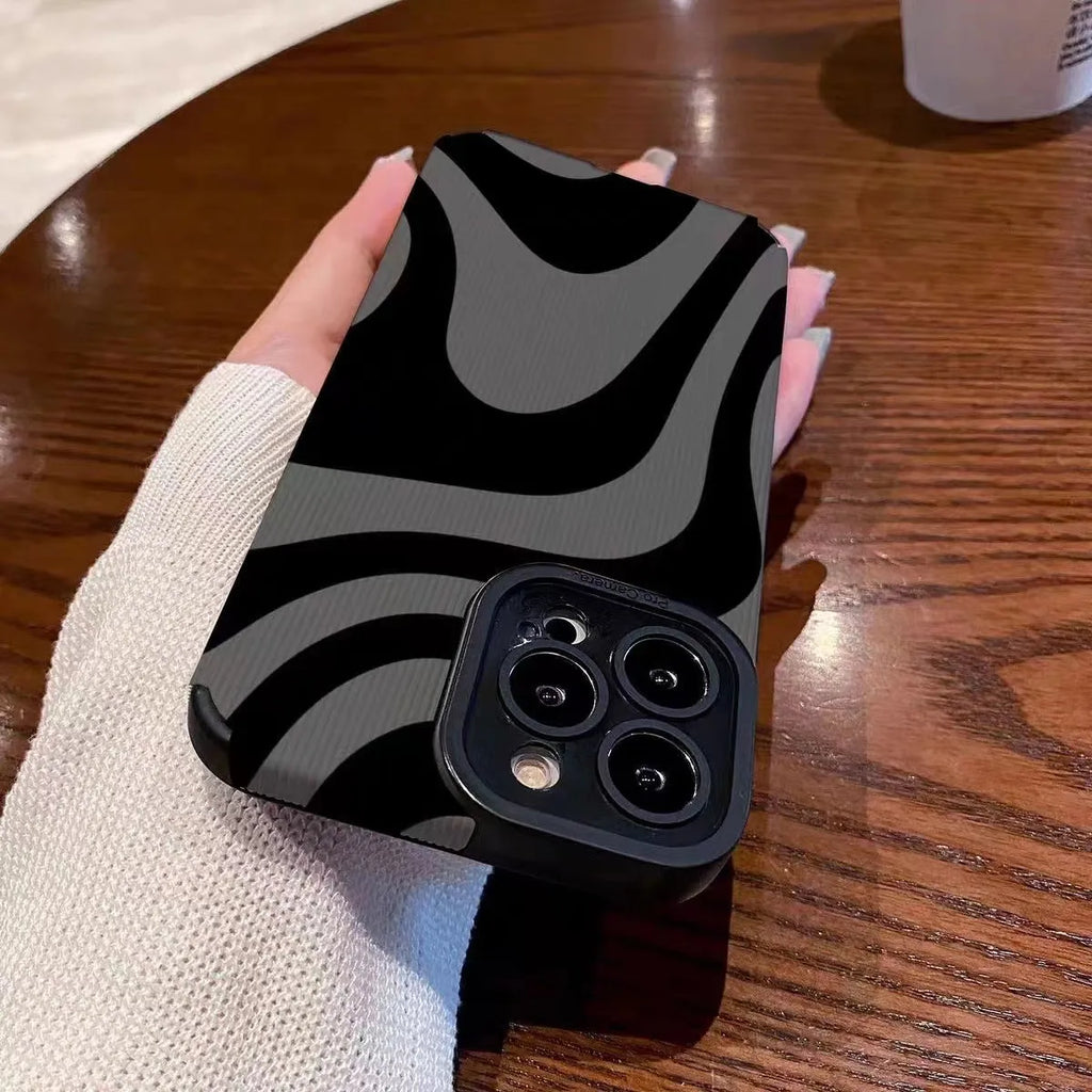 Dark zebra pattern silicone phone case with black imitation leather finish and shockproof protection for iPhone models