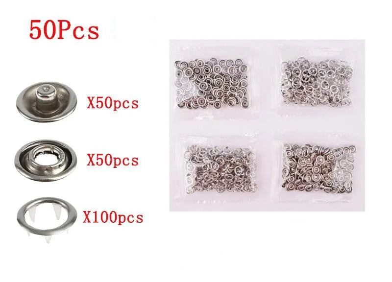 Stainless steel five claw no-sew suit buttons and application pliers for children's clothing.