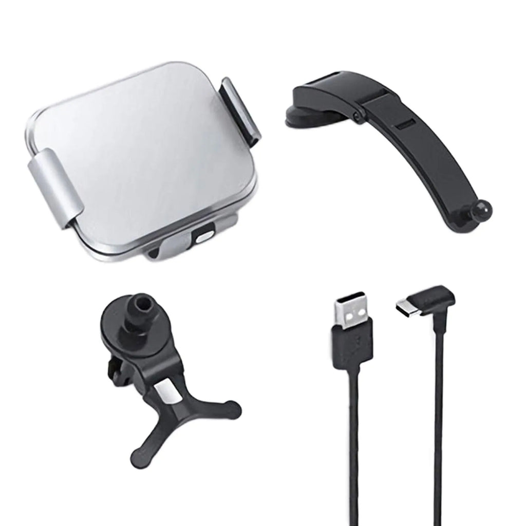 Grey wireless charging car phone holder with folding screen on car dashboard