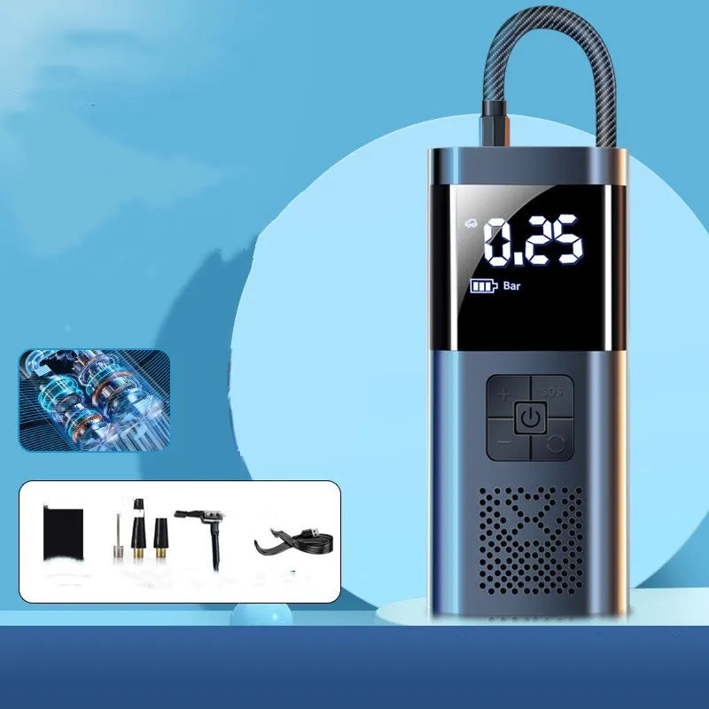 Black electric tyre pump with digital display and long hose for car and bicycle inflation