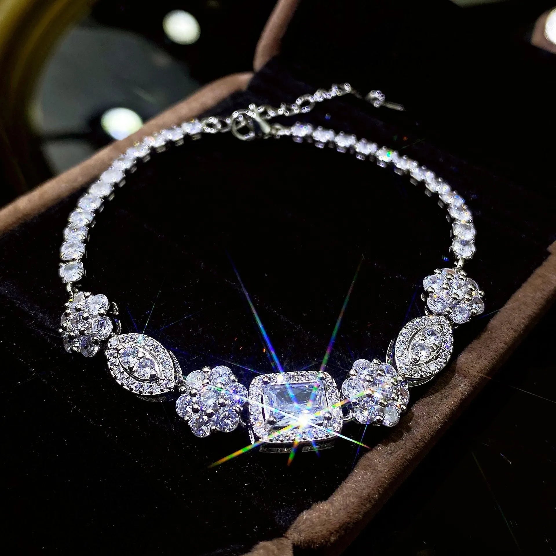 Women's geometric diamond bracelet with sterling silver and white gold plating