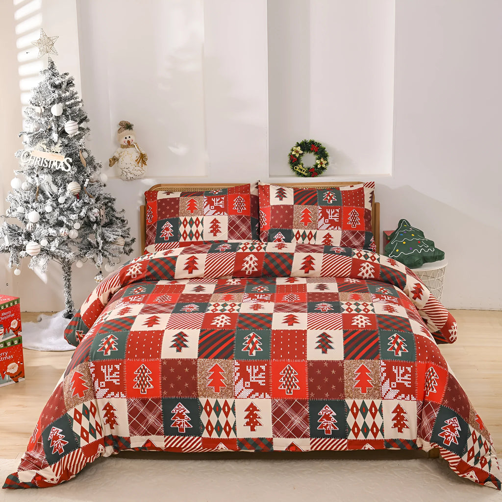 Christmas red plaid pattern bedding three-piece set with quilt cover and matching pillowcases
