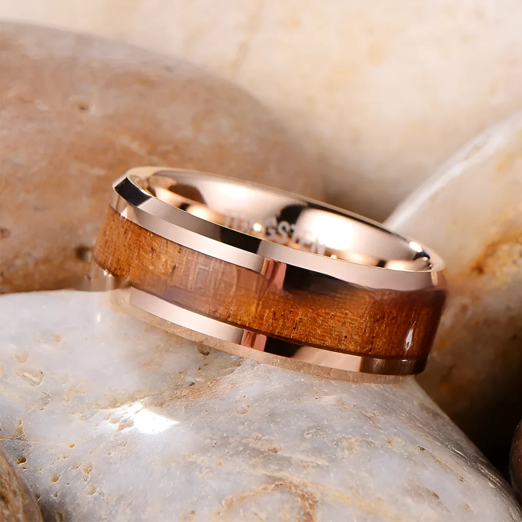 8mm hairline texture tungsten gold men's ring with U-shaped design in rose gold finish