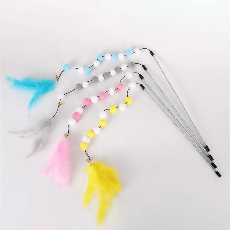 31cm long cat teaser rod with colourful feather pompon and bell attachments