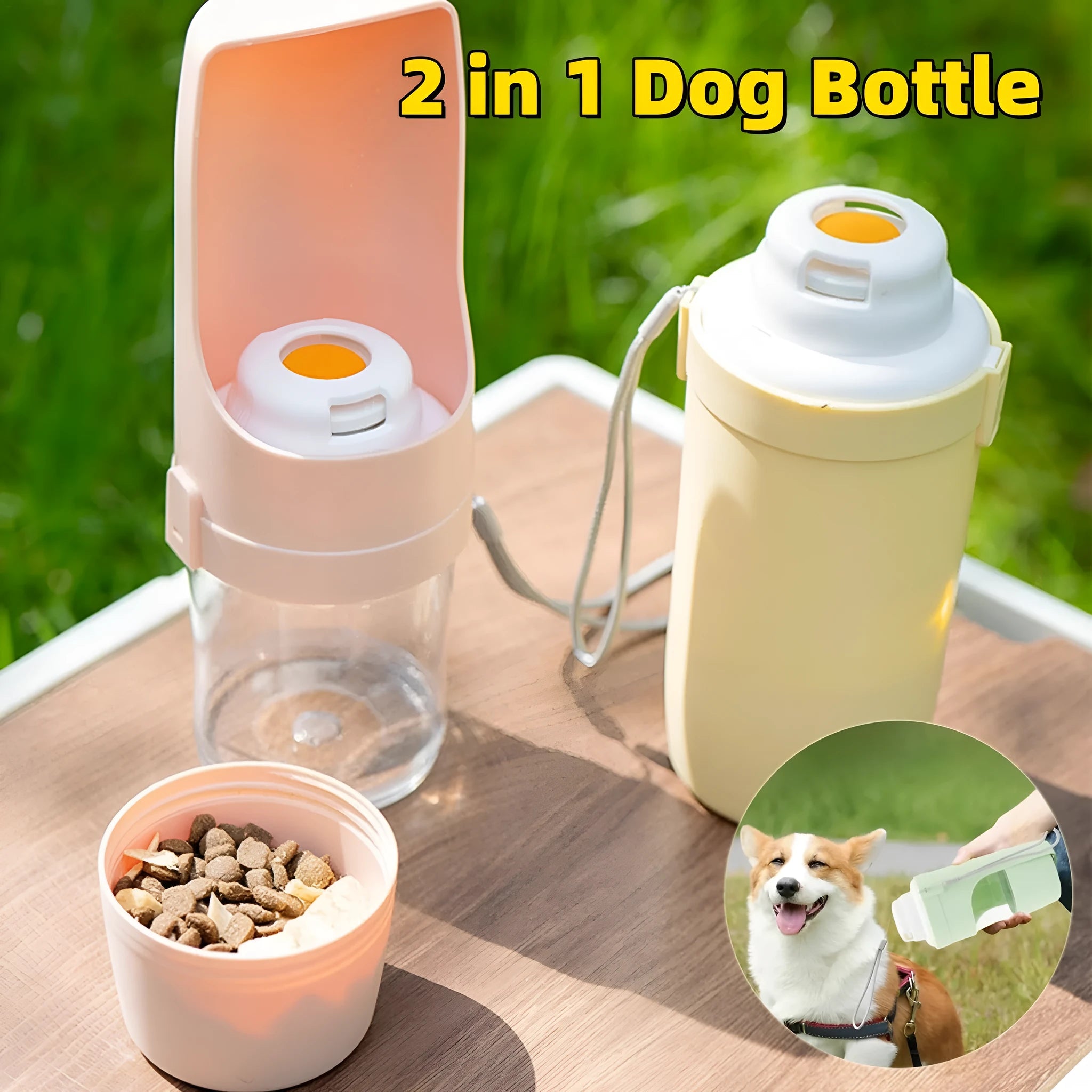 Green portable dog water bottle and feeder with attached lanyard, showing separate food and water compartments.