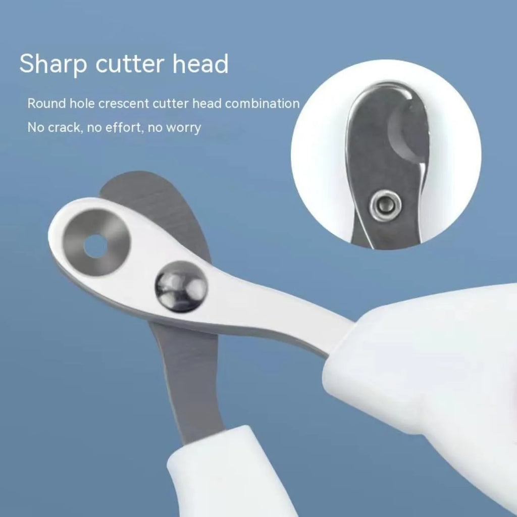 Blue cat nail clippers with a circular guard hole and cushioned non-slip handles on a white background.