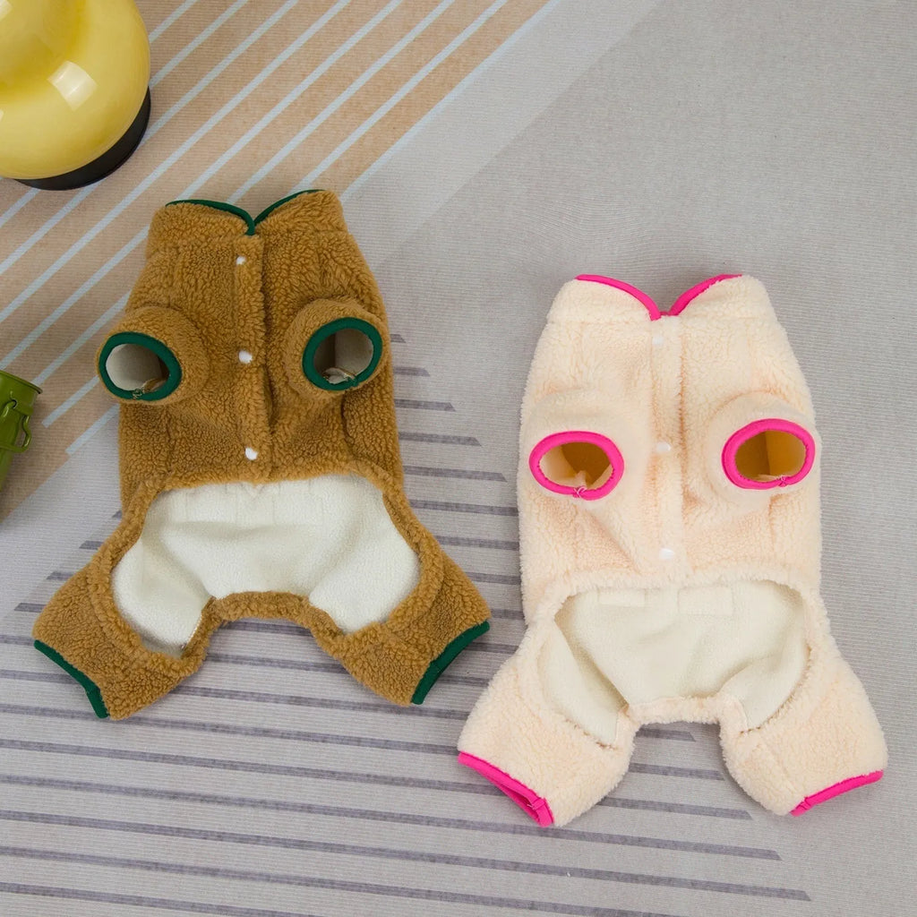 Four legs fluffy jacket pet clothing in beige colour on a small dog, polyester fabric, casual style.