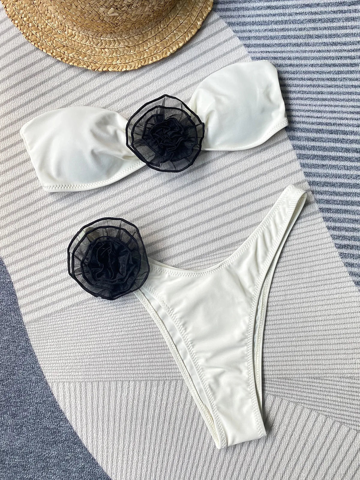 Cross-border tube top bikini with three-dimensional flower split pattern in striped colour option
