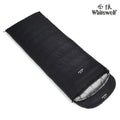 Black outdoor sleeping bag with goose down filler and tear-resistant nylon fabric shown unzipped.