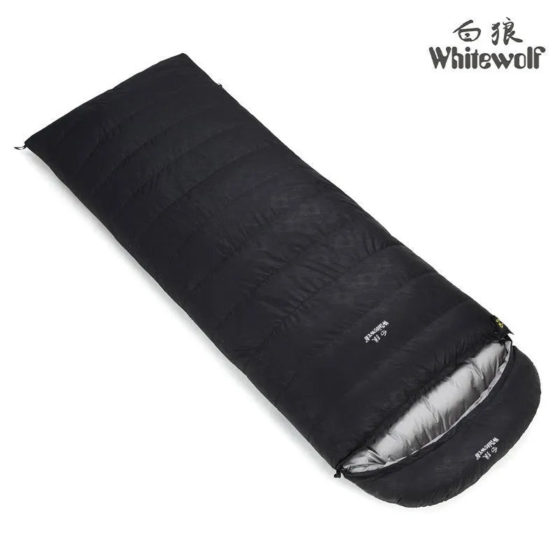 Black outdoor sleeping bag with goose down filler and tear-resistant nylon fabric shown unzipped.