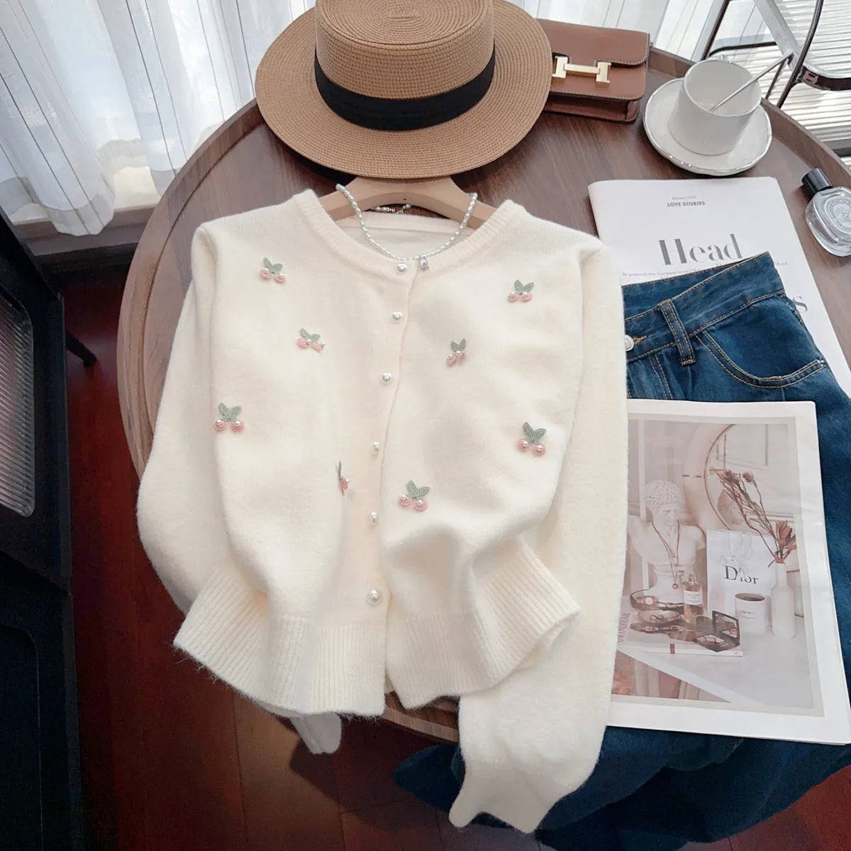 French sweet soft cardigan coat with bead embellishments in blue, pink, red or white colours