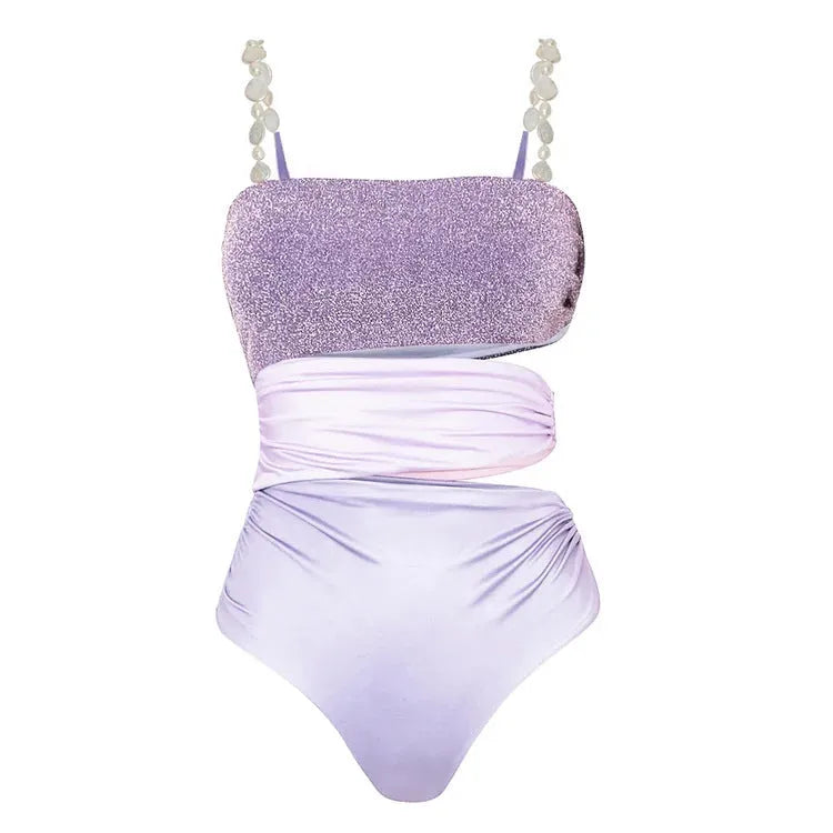Purple women's swimsuit and wrap skirt set made from quick-drying polyester fabric
