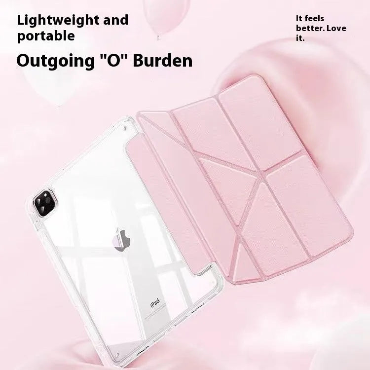 Transparent acrylic iPad screen cover with a fold-out stand, shown in pink on a tablet.