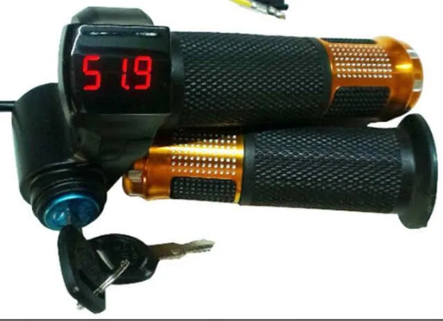 Electric vehicle handlebar control section in blue, red, silver, and yellow colour options