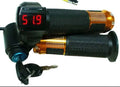 Electric vehicle handlebar control section in blue, red, silver, and yellow colour options