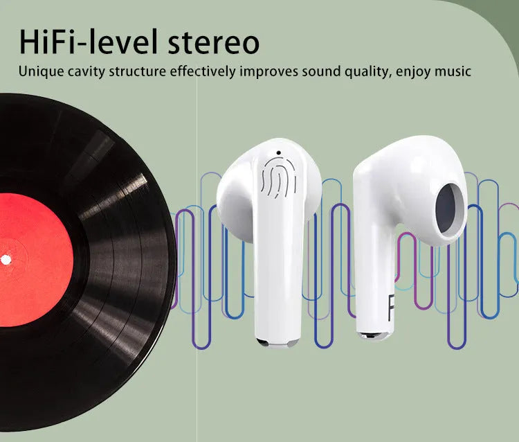 White wireless Bluetooth earphones with semi in-ear design and a matching charging case on a table.
