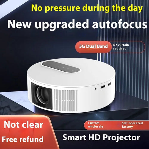 White 720p HD home projector with remote control on wooden surface