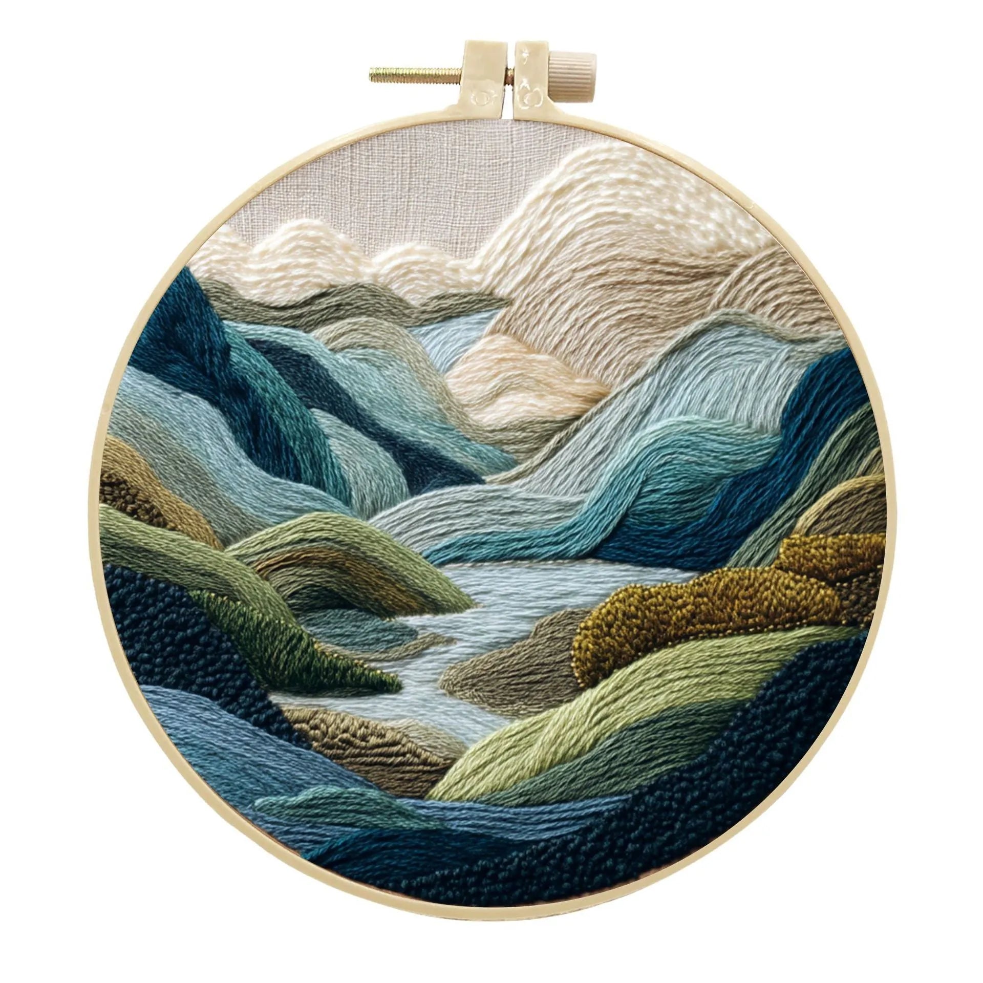 Embroidery DIY kit with landscape-printed cotton fabric, thread, needles, and a 15cm bamboo-style frame.